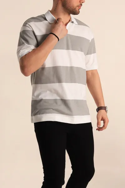 Gri Oversize İki İp Geniş Çizgili Polo Yaka Erkek Tişört 257565