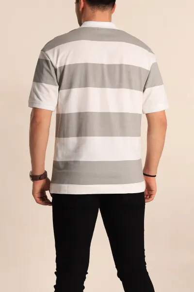 Gri Oversize İki İp Geniş Çizgili Polo Yaka Erkek Tişört 257565