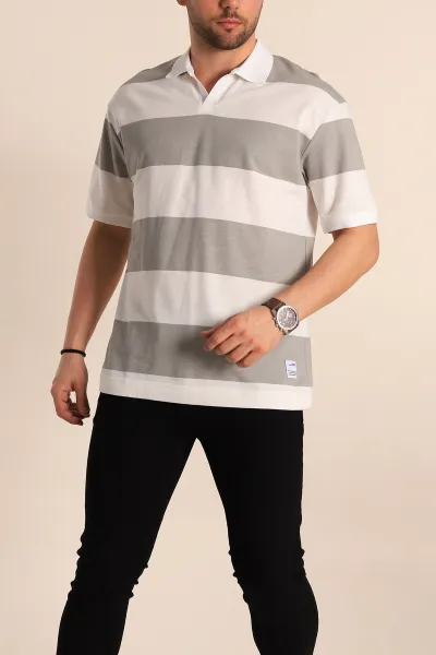 Gri Oversize İki İp Geniş Çizgili Polo Yaka Erkek Tişört 257565