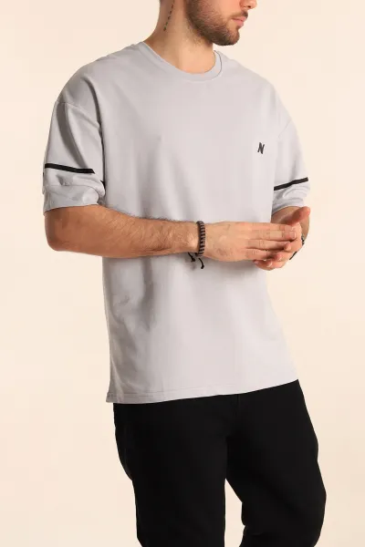 Gri Oversize İki İp Kol Lastikli Erkek Tişört 247973