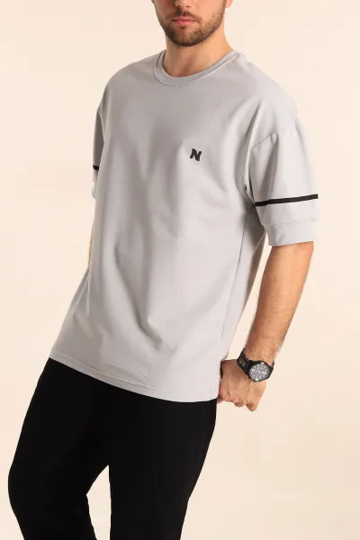 Gri Oversize İki İp Kol Lastikli Erkek Tişört 247973