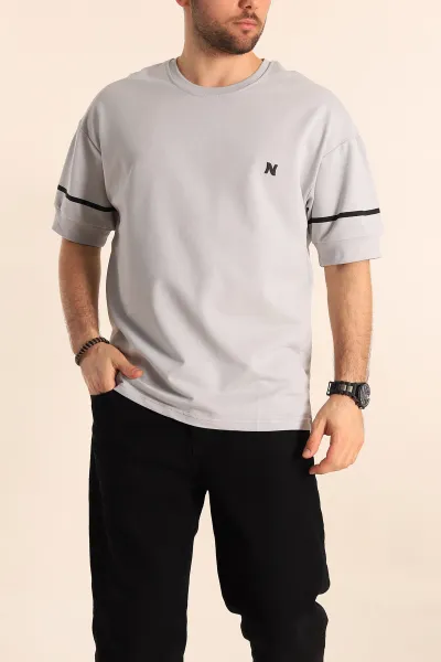 Gri Oversize İki İp Kol Lastikli Erkek Tişört 247973