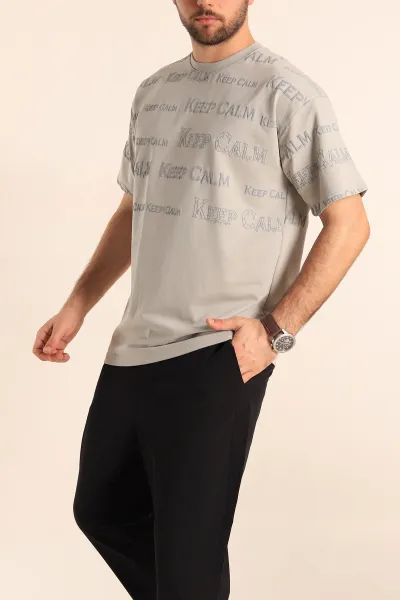 Gri Oversize İki İp Yazı Detay Erkek Tişört 247572