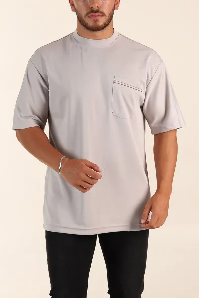 Gri Oversize Jakarlı Cep Detaylı Erkek Tişört 285766