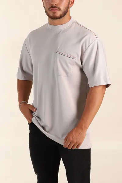 Gri Oversize Jakarlı Cep Detaylı Erkek Tişört 285766