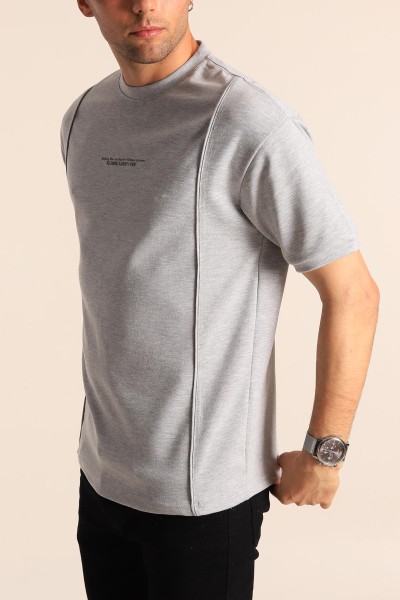 Gri Oversize Kabartma Yazılı Dikişli Erkek Tişört 181822