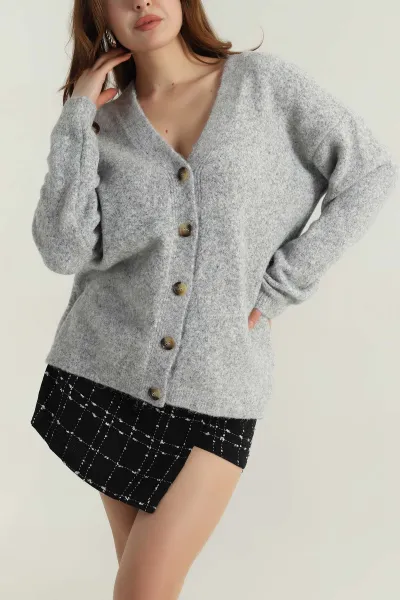 Gri Oversize Kadın Triko Hırka 405454