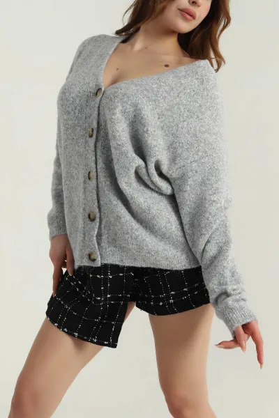Gri Oversize Kadın Triko Hırka 405454