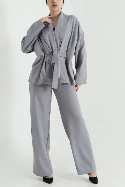 Gri Oversize Keten Kadın İkili Takım 446553