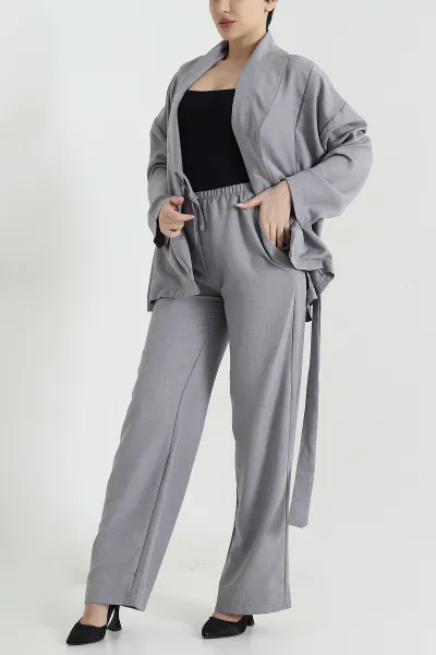 Gri Oversize Keten Kadın İkili Takım 446553