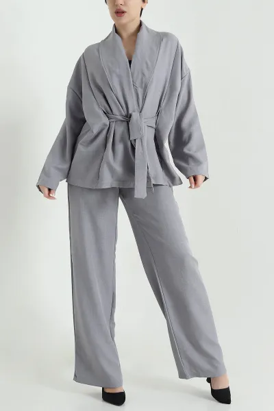 Gri Oversize Keten Kadın İkili Takım 446553