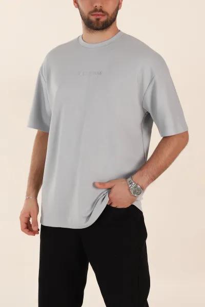 Gri Oversize Oysho Kumaş Kabartma Yazılı Erkek Tişört 365101