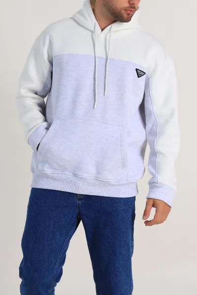 Gri Oversize Parçalı Üç İp Şardonlu Kapüşonlu Erkek Sweatshirt 306477