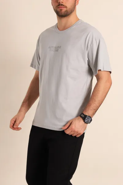 Gri Oversize Sırt Baskılı Erkek Tişört 247956