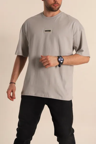 Gri Oversize Suprem Kumaş Plastik Baskı Detaylı Erkek Tişört 267362