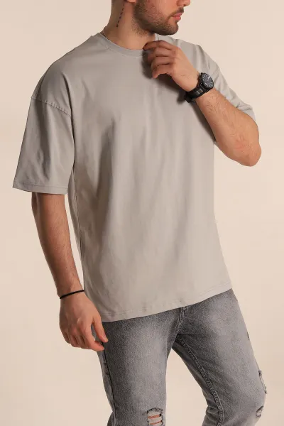 Gri Oversize Suprem Kumaş Sırt Baskılı Erkek Tişört 267369