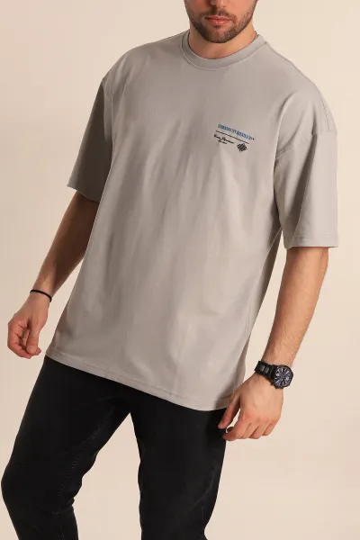 Gri Oversize Suprem Kumaş Sırt Baskılı Erkek Tişört 267436