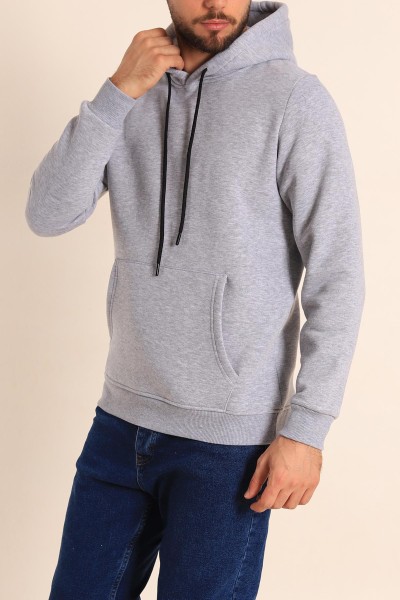 Gri Oversize Üç İp Şardonlu Basic Kapüşonlu Erkek Sweatshirt 222530