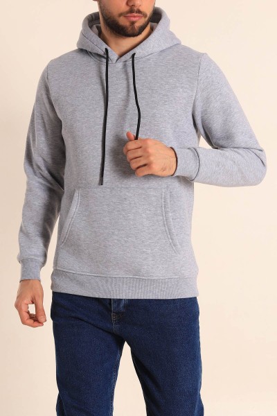 Gri Oversize Üç İp Şardonlu Basic Kapüşonlu Erkek Sweatshirt 222530