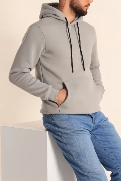 Gri Oversize Üç İp Şardonlu Basic Kapüşonlu Erkek Sweatshirt 226980