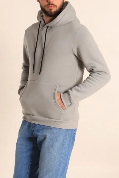 Gri Oversize Üç İp Şardonlu Basic Kapüşonlu Erkek Sweatshirt 226980