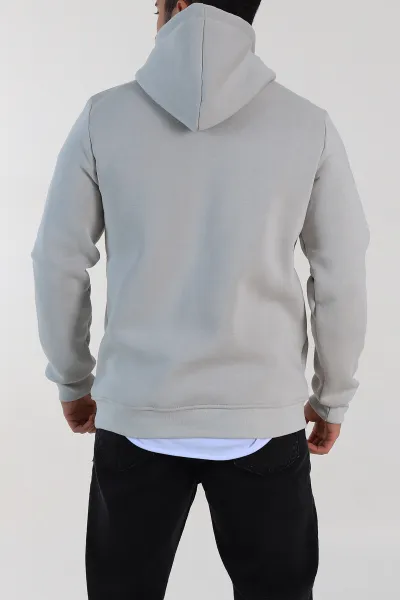 Gri Oversize Üç İp Şardonlu Erkek Basic Kapüşonlu Sweatshirt 316270