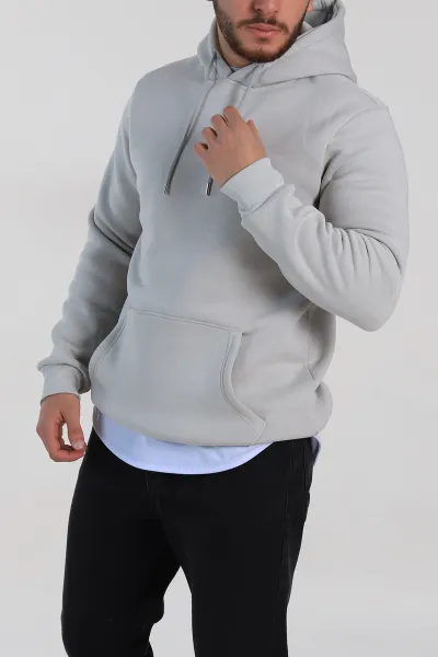 Gri Oversize Üç İp Şardonlu Erkek Basic Kapüşonlu Sweatshirt 316270