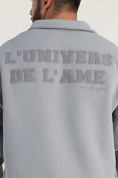 Gri Oversize Üç İp Şardonlu Nakış Yazı Detaylı Yarım Fermuar Erkek Sweatshirt 306939