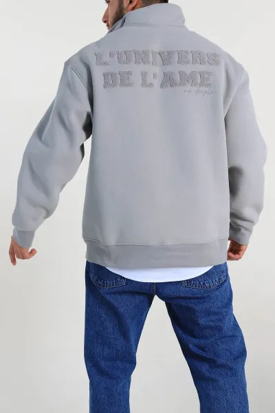 Gri Oversize Üç İp Şardonlu Nakış Yazı Detaylı Yarım Fermuar Erkek Sweatshirt 306939