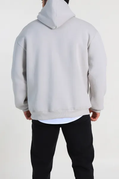 Gri Oversize Üç İp Şardonlu Yazı Detaylı Kapüşonlu Erkek Sweatshirt 310967