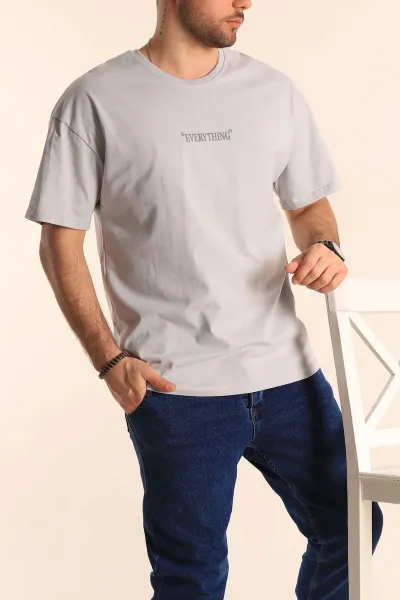 Gri Oversize Yazı Detay Erkek Tişört 247984