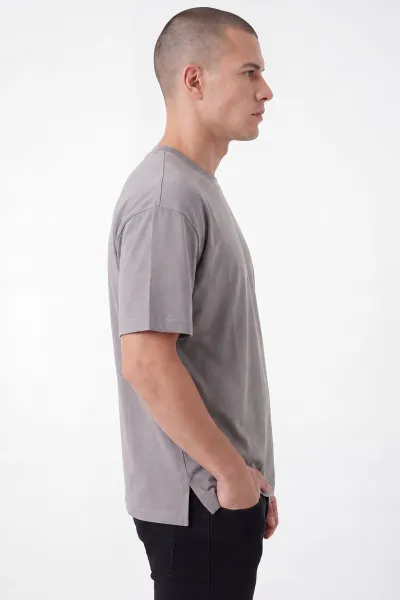 Gri Oversize Oysho Kumaş Bisiklet Yaka Erkek Tişört 453873