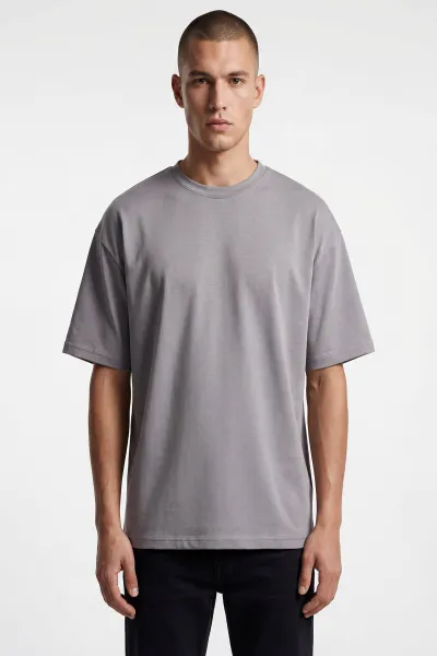 Gri Oysho Kumaş Oversize Bisiklet Yaka Erkek Tişört 438916