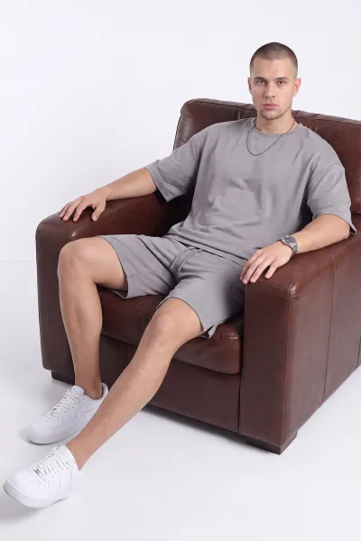 Gri Oysho Kumaş Oversize Erkek Şortlu Takım 471012