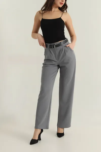 Gri Palazzo Krep Kemerli Kadın Pantolon 415543