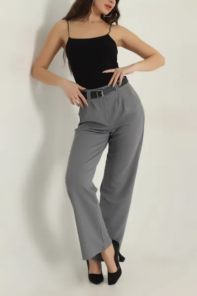 Gri Palazzo Krep Kemerli Kadın Pantolon 415543