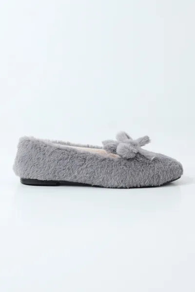 Gri Peluş Fiyonk Detaylı Kadın Ev Babeti 491432