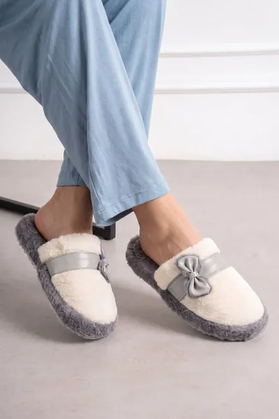 Gri Peluş Fiyonk Detaylı Kadın Ev Terliği 488419