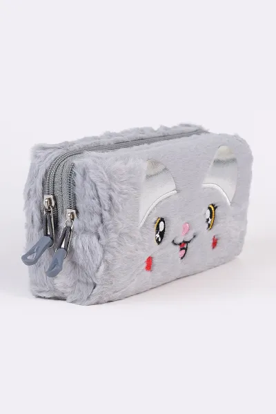 Gri Peluş İki Gözlü Nakışlı Kalem Kutu 486462