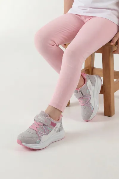 Gri Pembe ( 31 - 35 ) Cırt Bantlı Bağcıklı Kız Çocuk Spor Ayakkabı 444544