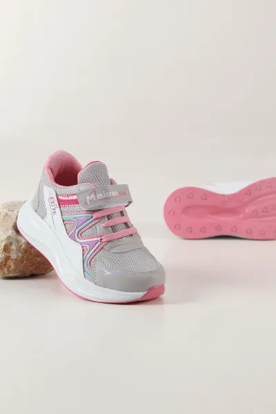 Gri Pembe ( 31 - 35 ) Cırt Bantlı Bağcıklı Kız Çocuk Spor Ayakkabı 444544