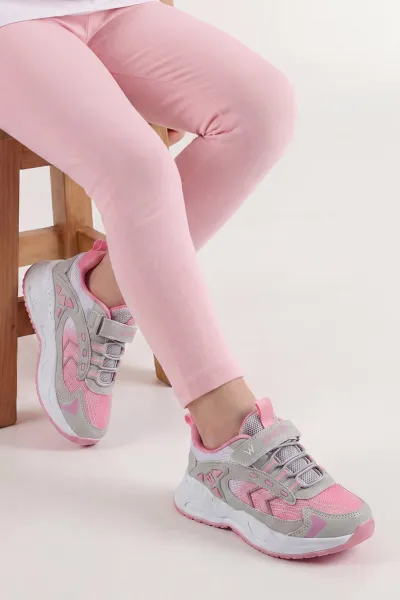Gri Pembe ( 31 - 35 ) Cırt Bantlı Bağcıklı Kız Çocuk Spor Ayakkabı 462765