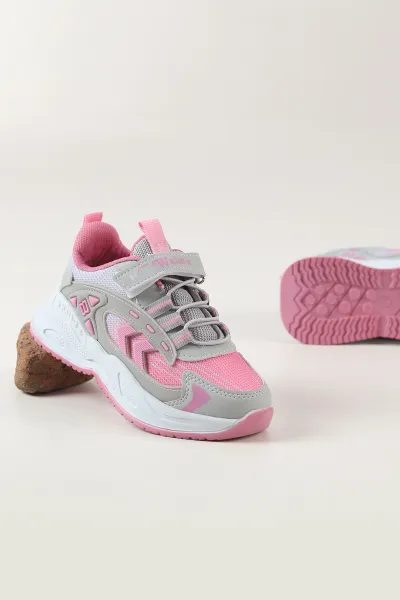 Gri Pembe ( 31 - 35 ) Cırt Bantlı Bağcıklı Kız Çocuk Spor Ayakkabı 462765