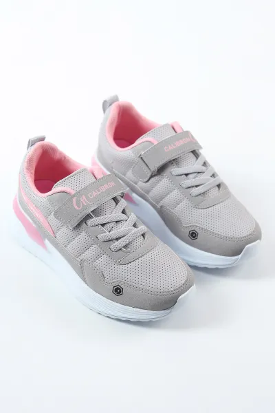 Gri Pembe ( 31 - 35 ) Cırt Bantlı Bağcıklı Kız Çocuk Spor Ayakkabı 488711