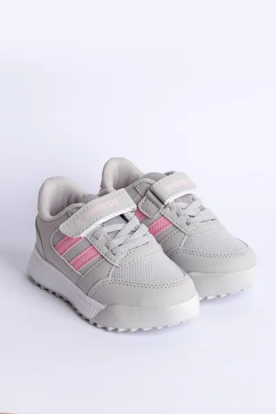 Gri Pembe  (31-35 Filet) Yan  Şeritli Cırtlı Kalın Taban Kız Çocuk Spor Ayakkabı 309105