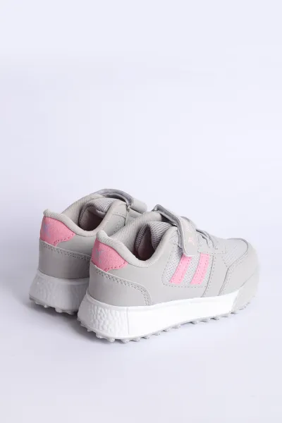 Gri Pembe  (31-35 Filet) Yan  Şeritli Cırtlı Kalın Taban Kız Çocuk Spor Ayakkabı 309105