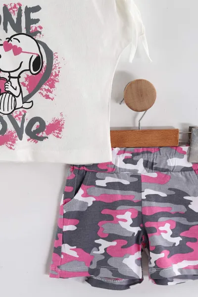 Gri Pembe(3-7 Yaş) Baskılı Koldan Büzgülü Tişörtlü Şortlu  Kız Çocuk Yazlık Takım 436970