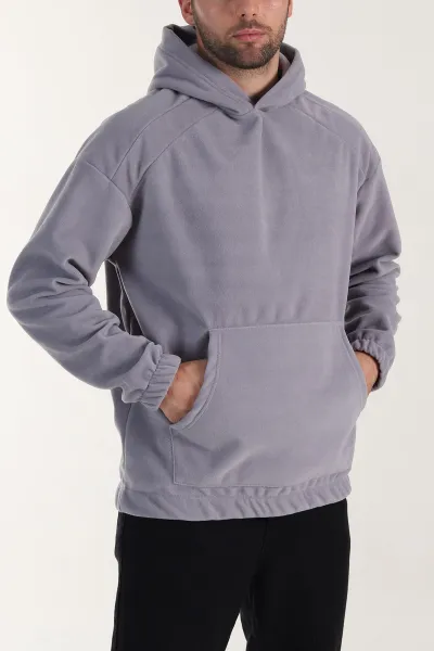 Gri Polar Kumaş Kapüşonlu Erkek Sweatshirt 408509