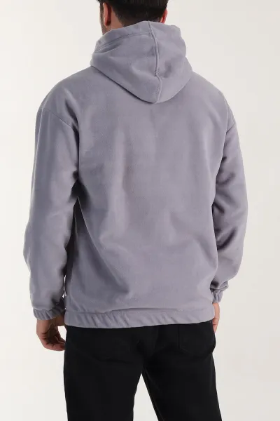 Gri Polar Kumaş Kapüşonlu Erkek Sweatshirt 408509