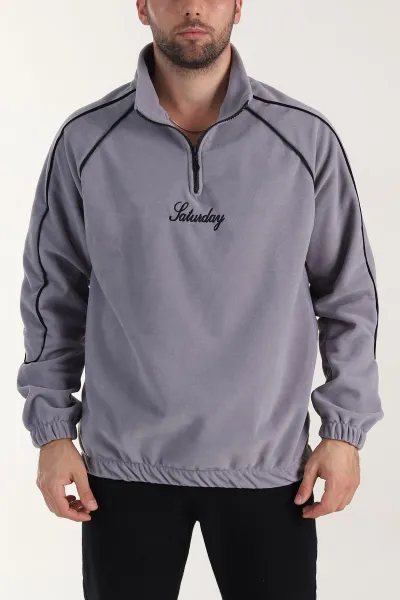 gri-polar-kumas-yarim-fermuarli-yazi-detayli-erkek-sweatshirt-408552
